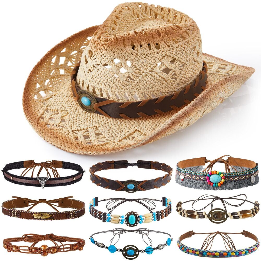 6855 Straw Cowboy Hat For Women With 9 Replacement Belts Bands Cowgirl